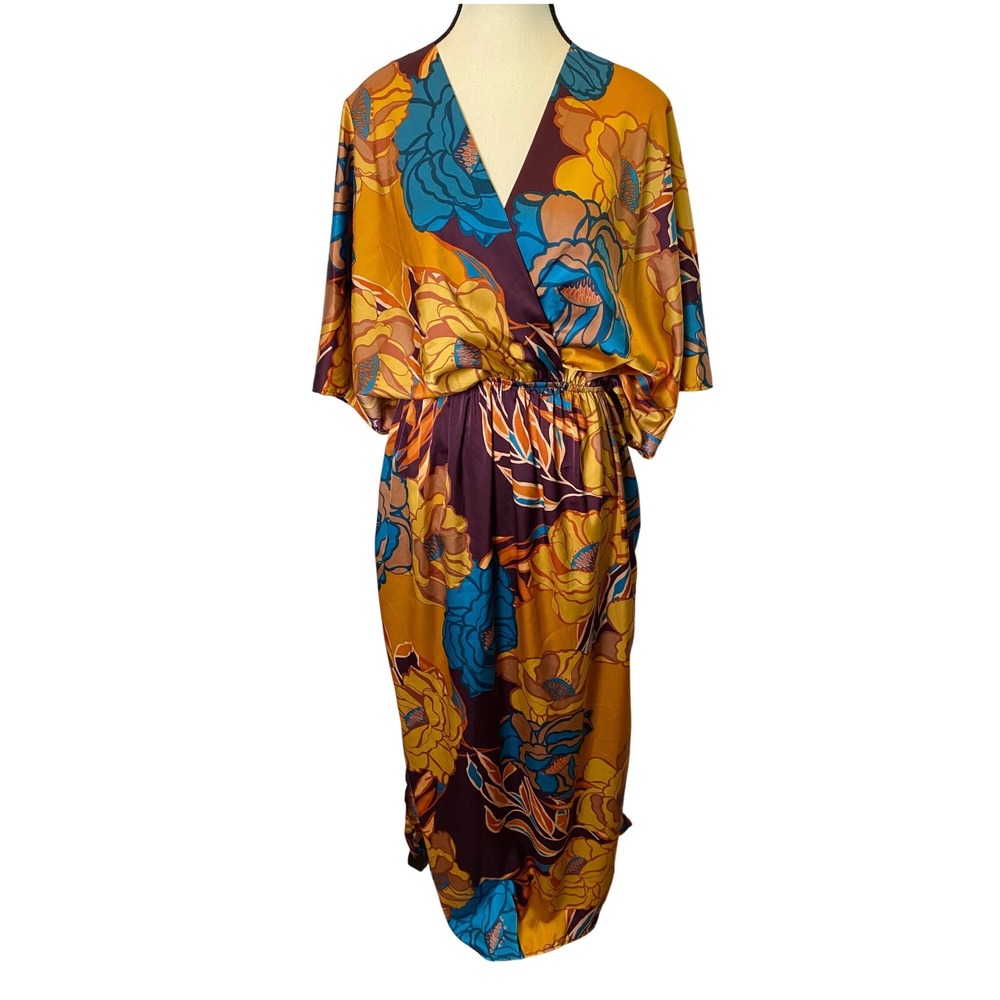 Bucket List Floral Maxi Dress Womens Medium Satin Kimono Sleeve Boho Festival